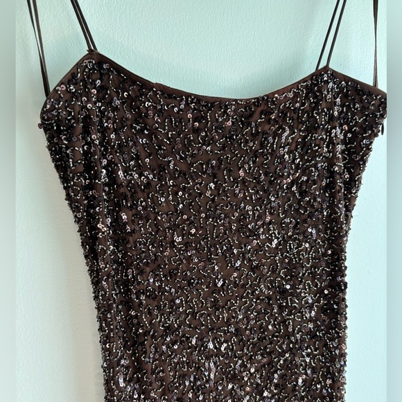 Retrofête Brown Sequin Spaghetti Strap Mini Dress Size L Side Zipper Fully Lined - Picture 4 of 13